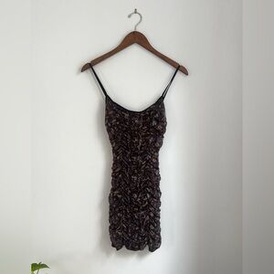 Urban Outfitters Black and Brown Ruched Spaghetti-Strap Mini Dress